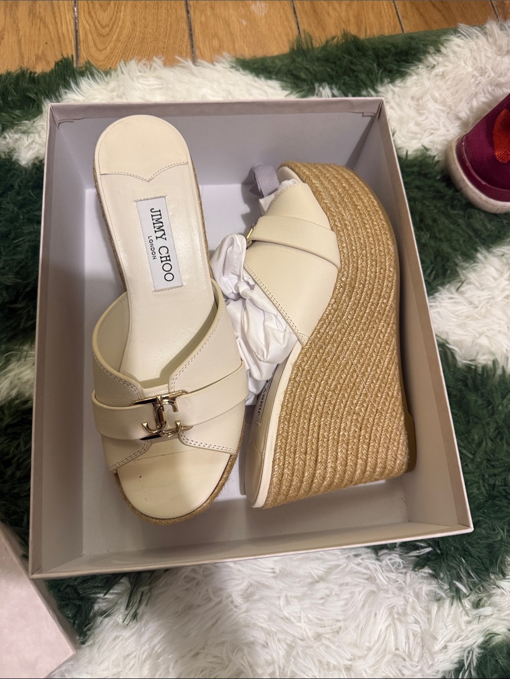 Jimmy Choo Cream Leather Braided Espadrille Wedge Slide